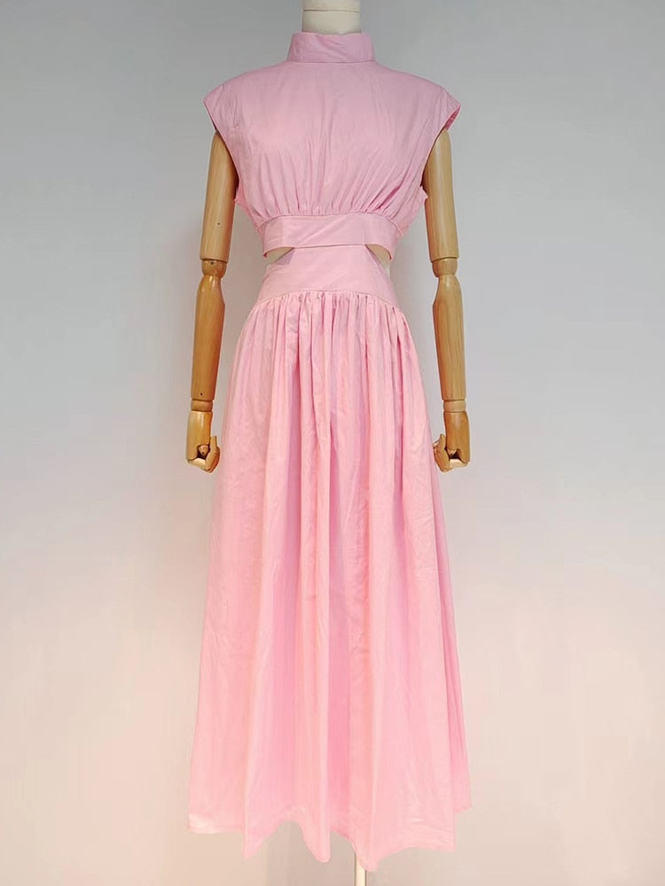 Fashion Cut Out Dress For Women Stand Collar Sleeveless High Waist Solid