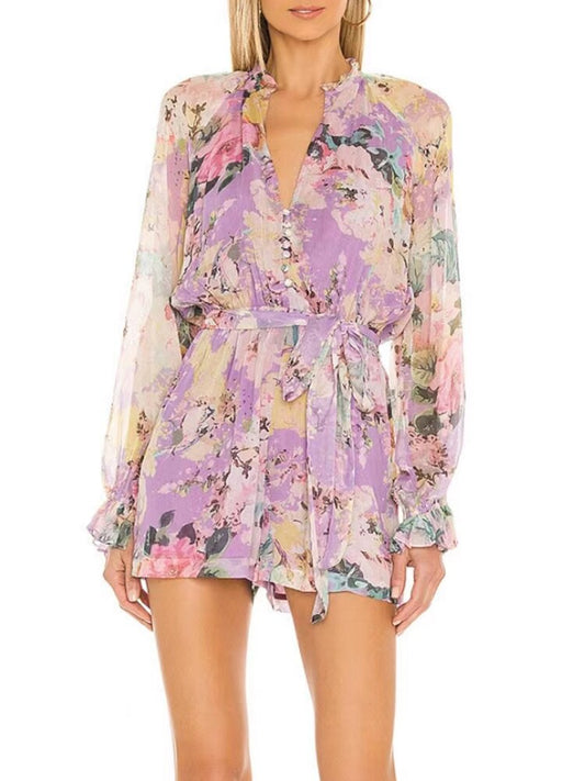 カジュアルプリントカラーブロックプレイスーツレディースVネックルーズミニ服