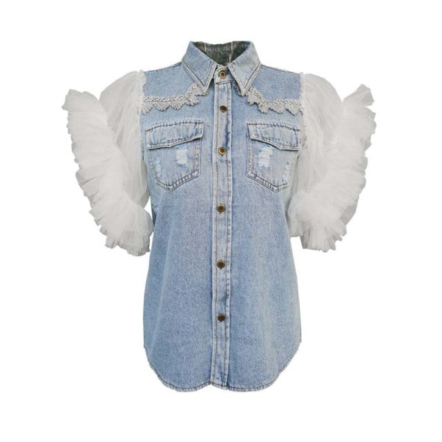 French Style Fairy Sleeveless Denim Jacket Cowboy Spliced Coat