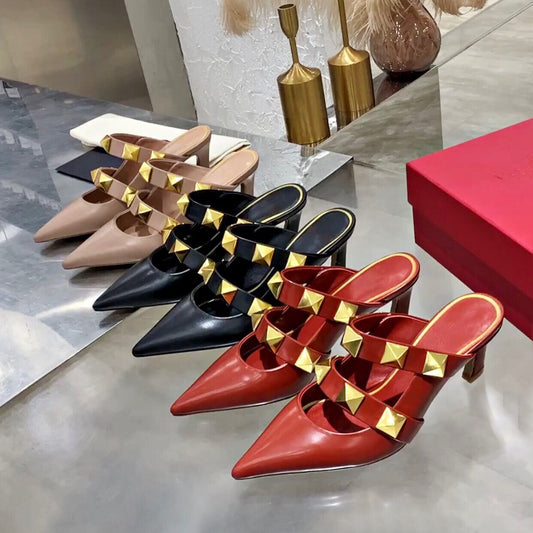 Woman Genuine Leather Shallow Slippers Pointed Toes Thin Heels