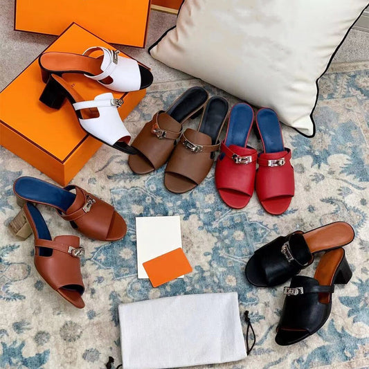 Women Mid Heels Shoe Genuine Leather Chic Slippers