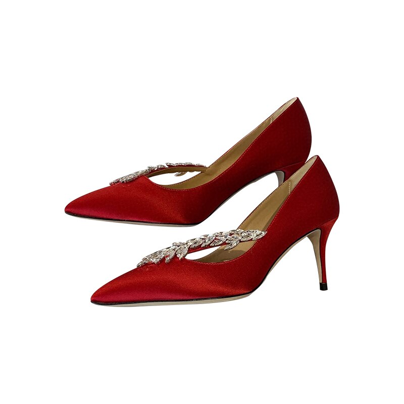 Pointed Toe Pumps Crystal Buckle Shallow Ladies High Heel