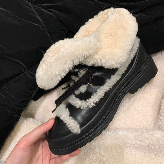 Winter Warm Snow Boots Med Heels Black Woman Short Boots