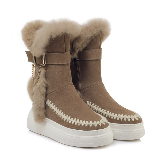 Cow Suede Platforms Flats Snow Boots Women Mid-Calf Boots