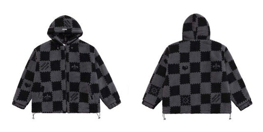 Fashion Plaid Print Lambswool Winter Jacket Couple Streetwear