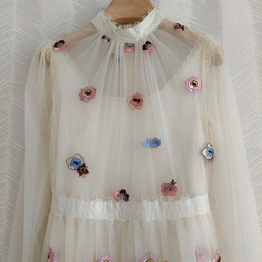 Fashion Elegant Dress Spring Autumn Luxury Mesh Flower Embroidery Dresses