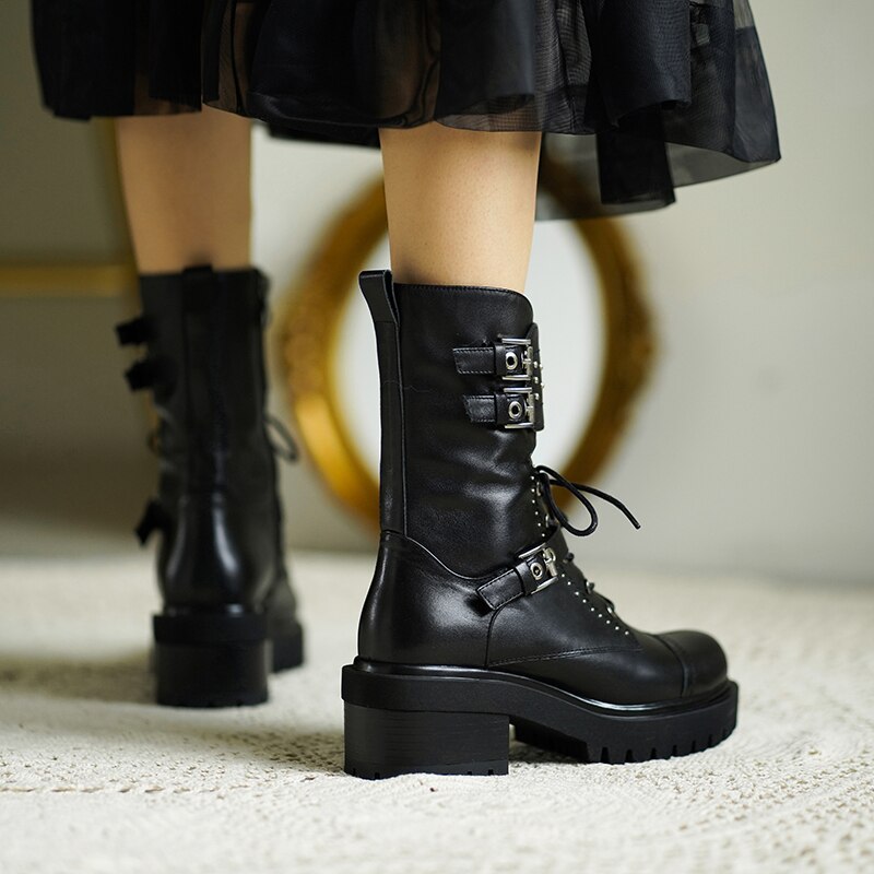 厚底ラウンドトゥ ブラック モーターサイクルブーツ 防水 女性用