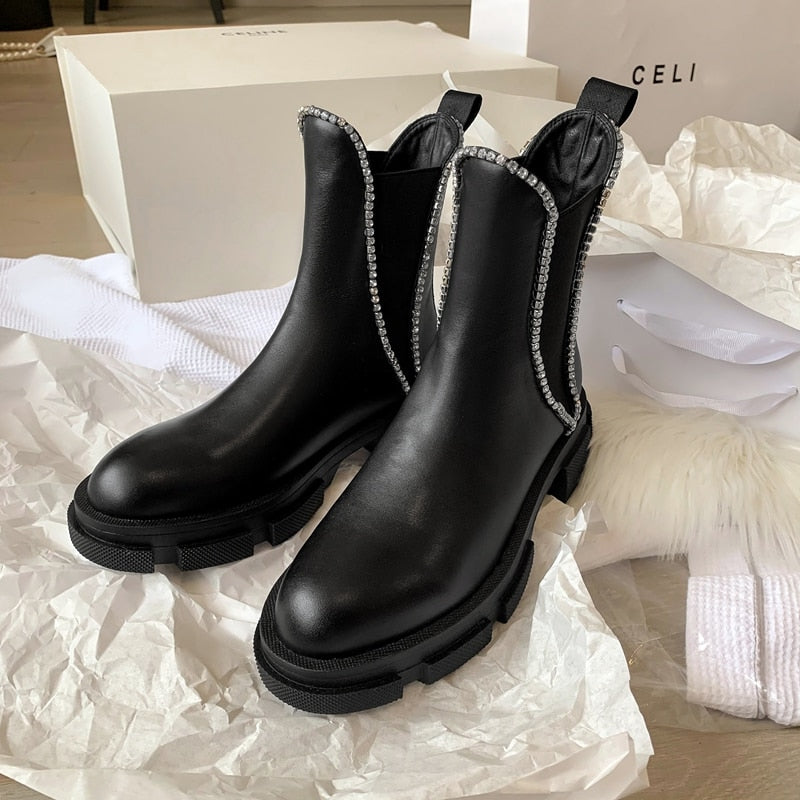 女性用ラウンドトゥクリスタルファッション乗馬ブーツ