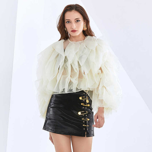 Solid Color Mesh Shirt For Women O Neck Lantern Sleeve Casual Blouse