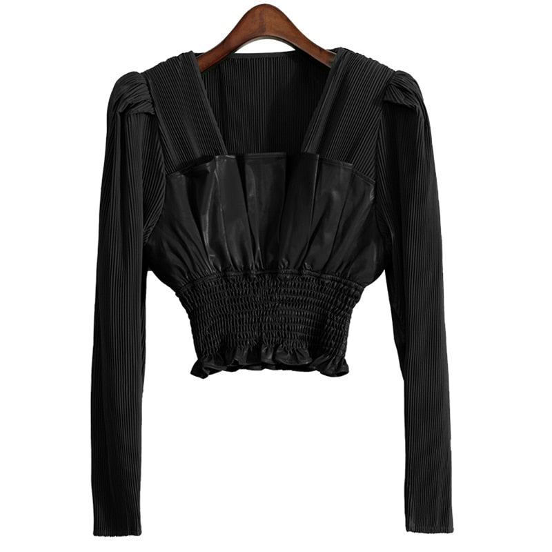 White Elegant Fold Pleated Slim Shirts Square Collar Blouses 2022 Spring