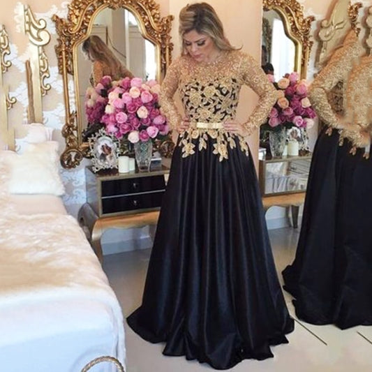 Long Sleeves Prom Dresses Gold Applique Black Evening Gown