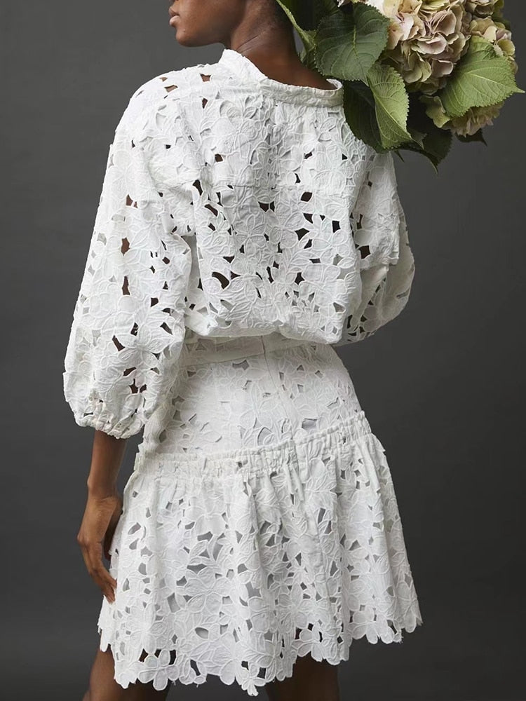 Sweet Plain Two Piece Sets For Women Loose Tops Cut Out Mini Skirts