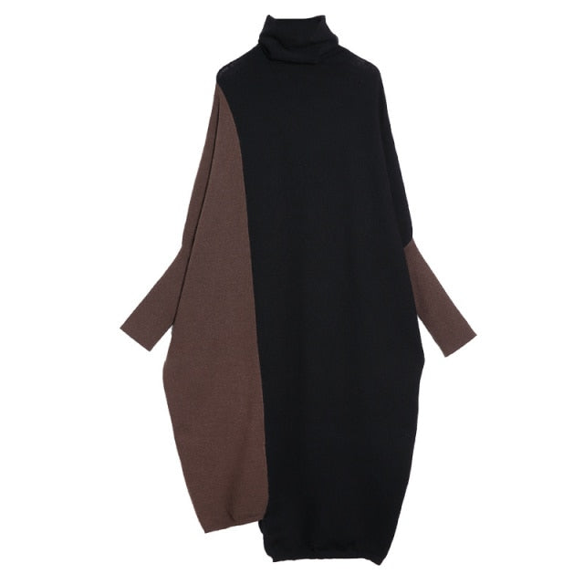 Contrast Color Asymmetrical Wome Turtleneck Loose Dresses