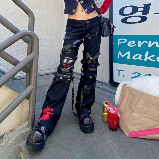 Streetwear Webbing Printed Jeans Women Spring 2022