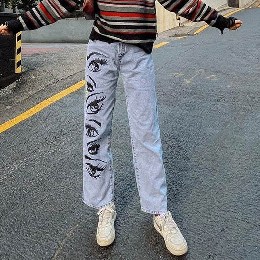 Streetwear Eyes Printed Jeans Women High Waist Pants