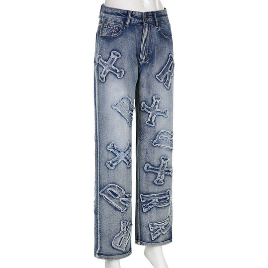 Streetwear Fashion Letter Spliced Jeans Women