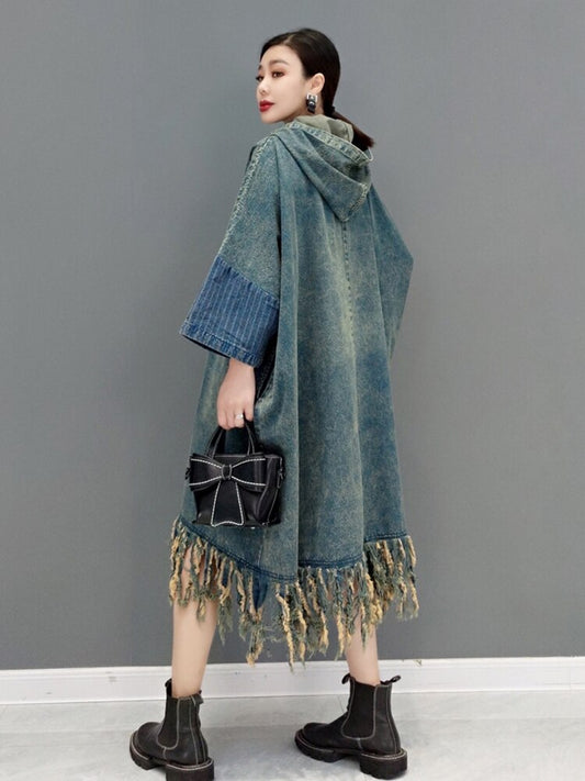 Spliced Tassel Contrast Color Denim Derss Women Loose Mid-calf