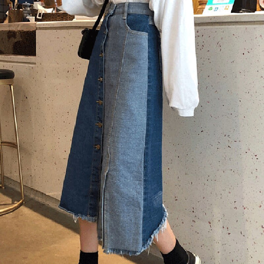 High Waist Contrast Denim Skirt Women Spring 2022