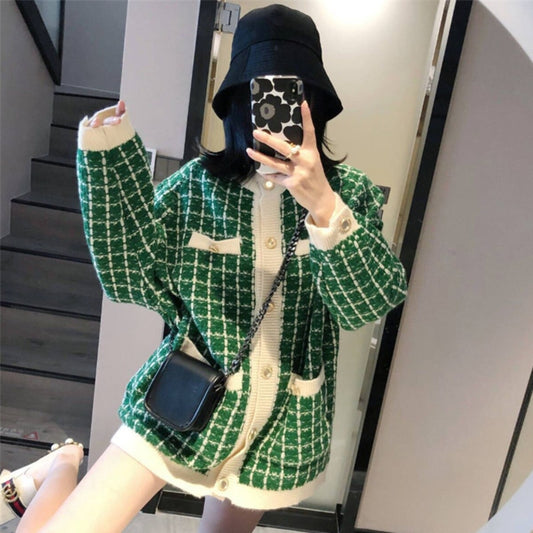 Sweater Coat Retro Shirt Plaid Loose Knit Ladies