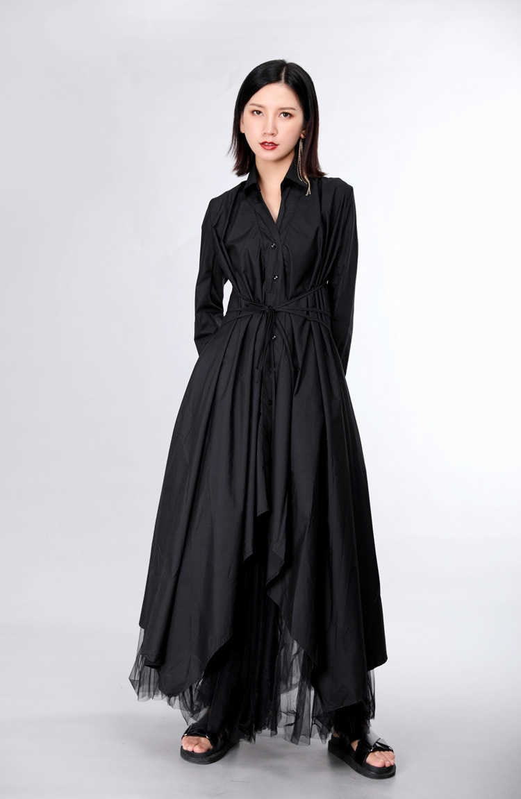 Bandage Stitch Pleated Shirt Dress Women Fashion Tide