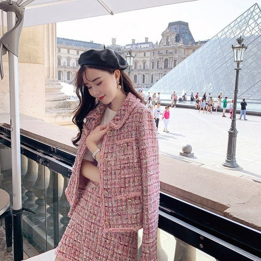 Pink Tweed Female Coat For Women Suits Skirt Elegant