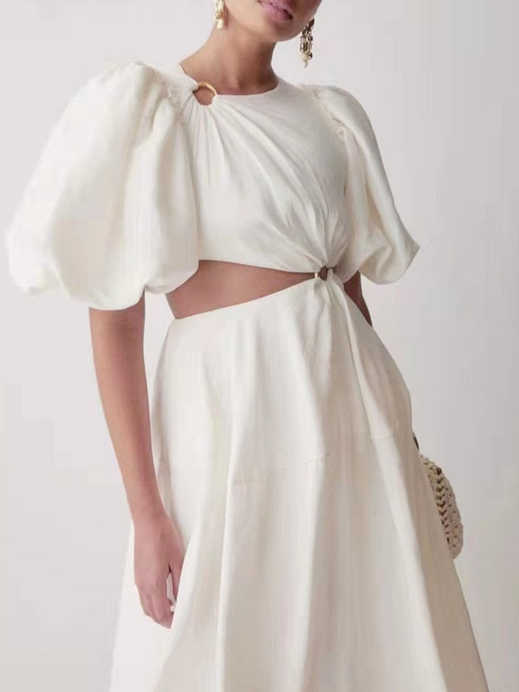 Casual Plain Cut Out Dress For Women Round Neck Short Puff Sleeve