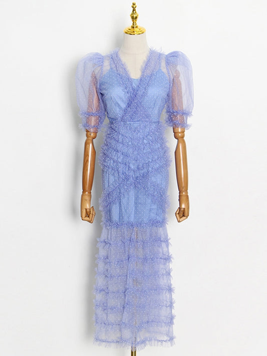 Lace Panel Dress For Women V Neck Ankle Length Dresses