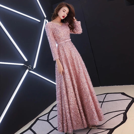Elegant Pink Feathers Long Evening Dress with Long-sleeve Shiny