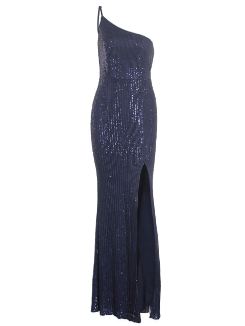Slim Navy Blue One Shoulder Sequin Long Woman Cocktail Dress Luxury