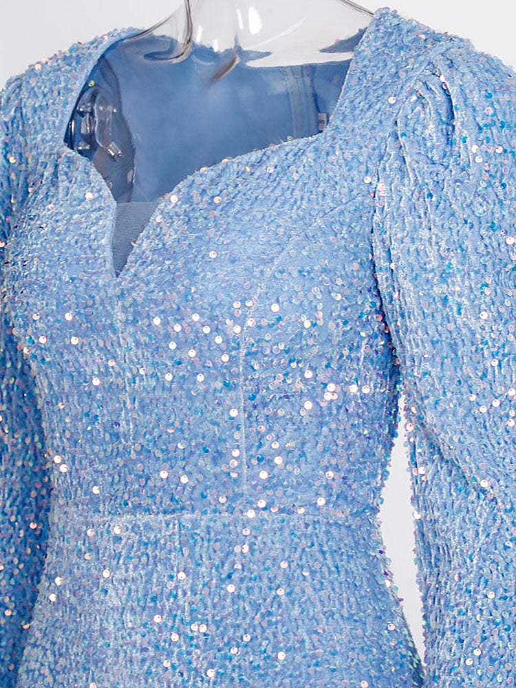 Romantic Sky Blue Long Sleeve Mermaid Wedding Gown Shiny Sequin