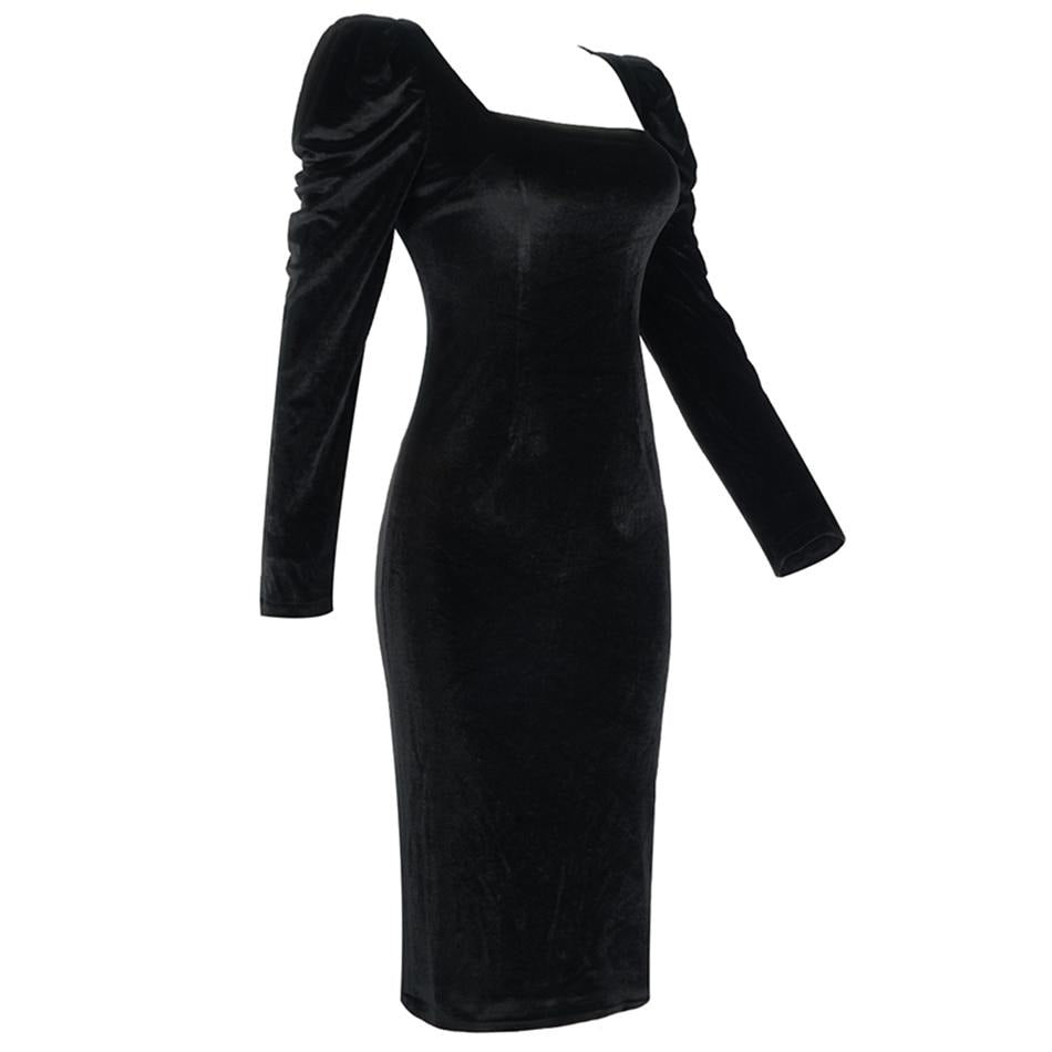 Women Fashion Long Puff Sleeve Club Velvet Evening Runway Party Dress