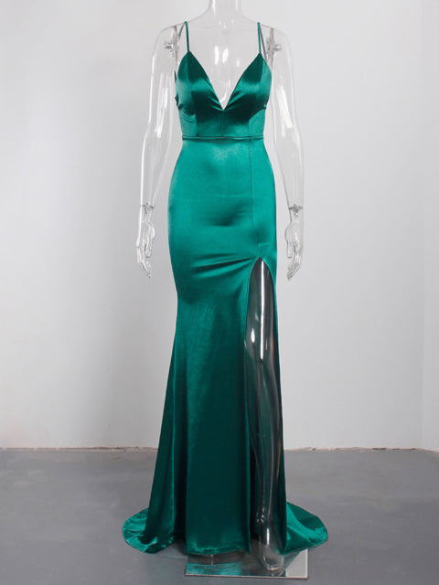 Sexy Emerald Green Backless Mermaid Wedding Gown Deep V Evening Dress