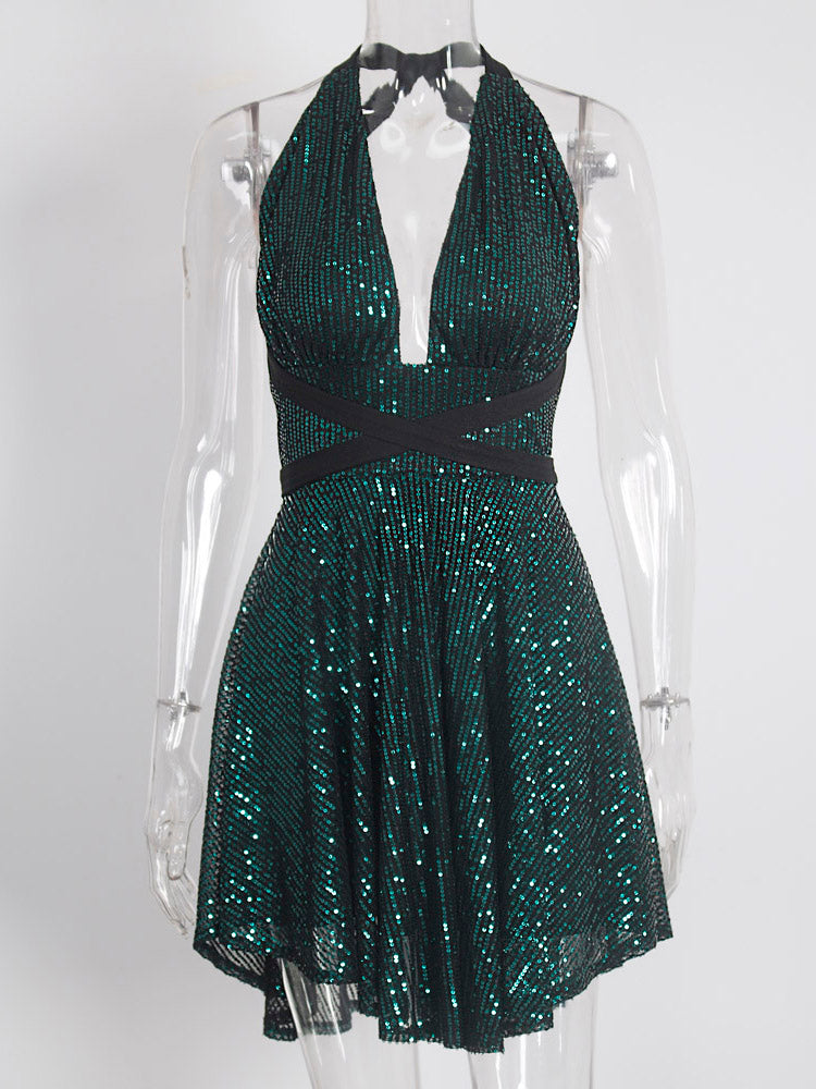 Shiny Backless Women Halter Green Sexy Tulle Stretch V Neck Prom Summer Dress