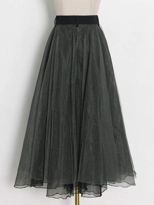 Patchwork Mesh Long Skirts For Female High Waist