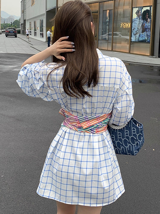 女性用ファッションシャツ ラペル 長袖 チェック柄 カラーブロック