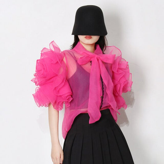 女性用カジュアルシャツ 蝶結びカラー 半無地ブラウス