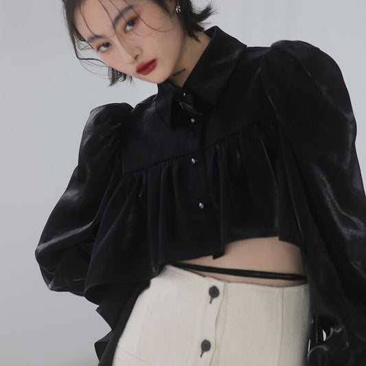 Women White Short Ruffles Big Size Blouse New Lapel