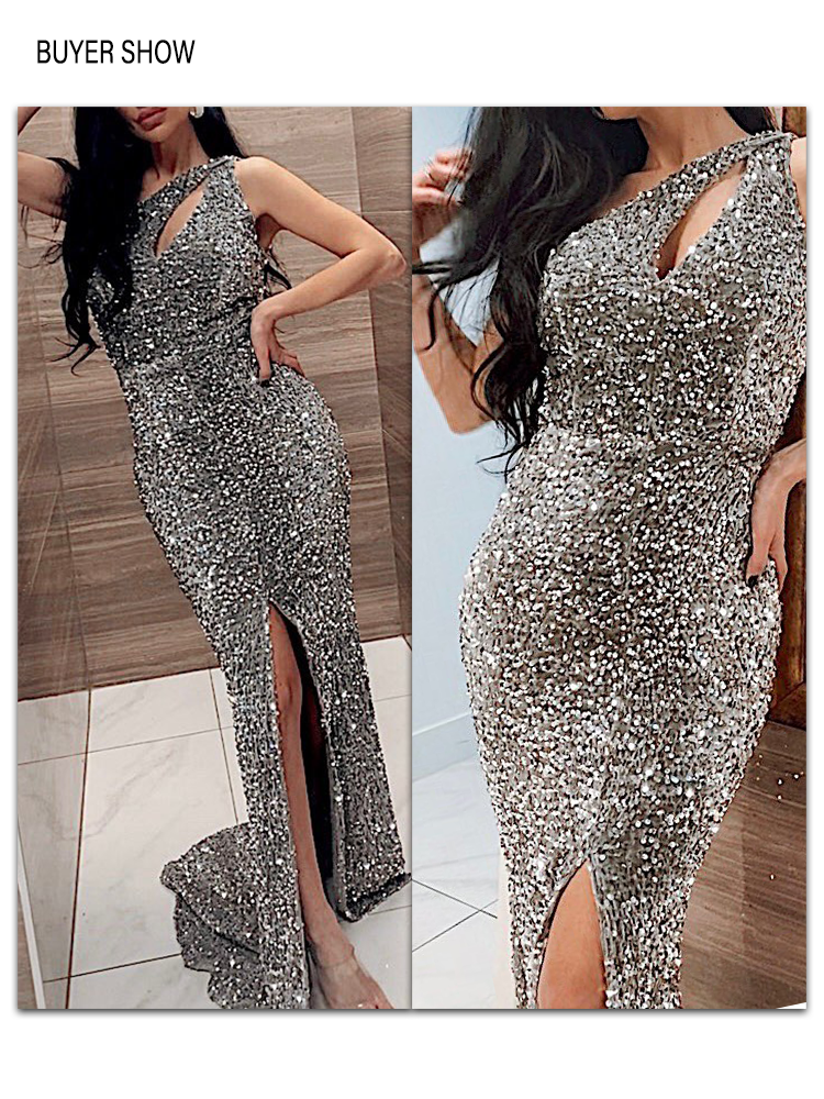 Shiny Royal Blue Hollow Out Velvet Cocktail Gown Slit Leg Party Dress