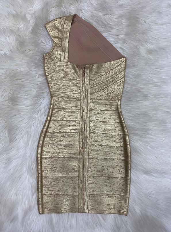One Shoulder Foiling Gold Print Rayon Bandage Dress