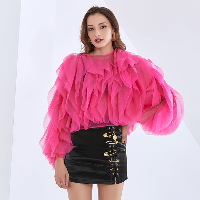 Solid Color Mesh Shirt For Women O Neck Lantern Sleeve Casual Blouse