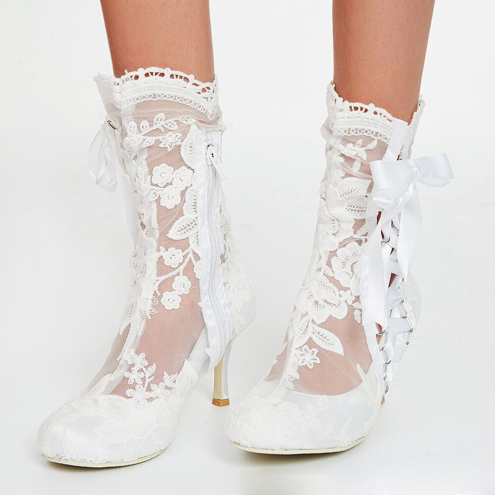 Romantic Floral Lace Ribbons Bandage Ankle Boots Women