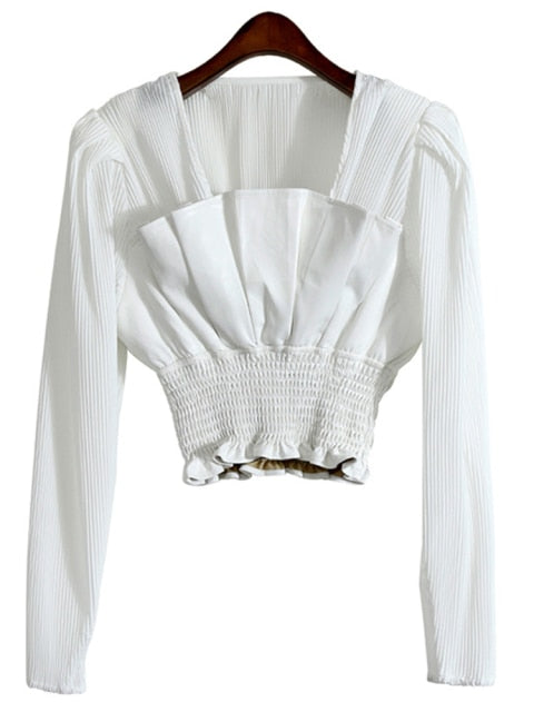 White Elegant Fold Pleated Slim Shirts Square Collar Blouses 2022 Spring