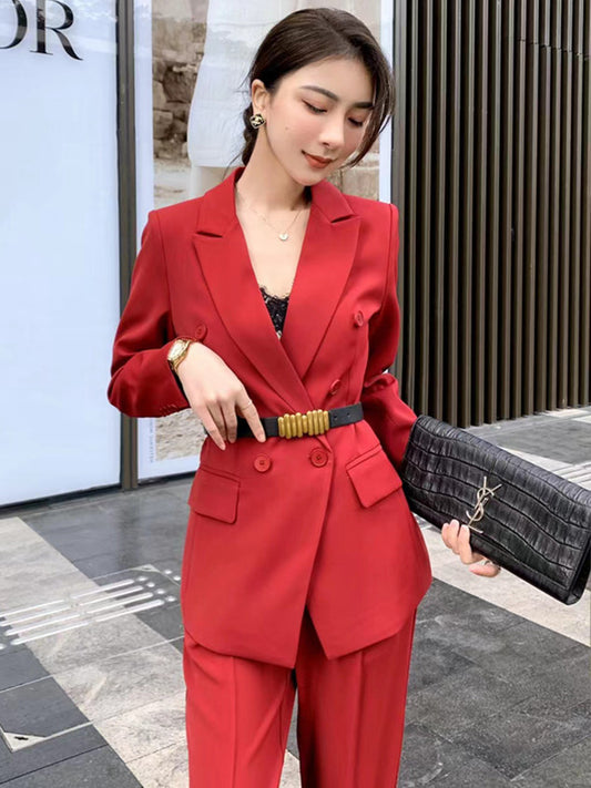 Red Two Piece Set Womens Notched Collar Long Sleeve Blazer High Waist
