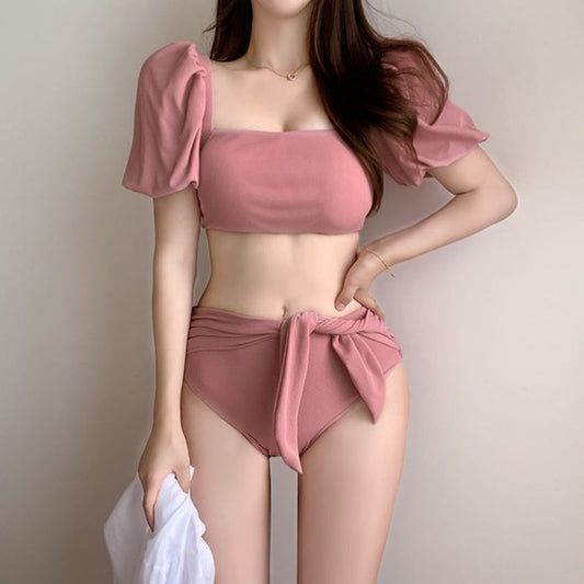 Swimsuit female pink puff sleeve lace-up bikini