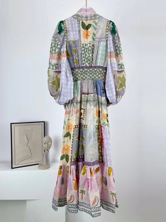 Spring Cotton Dress 2022 Runway Fashion Lantern Flower Printed