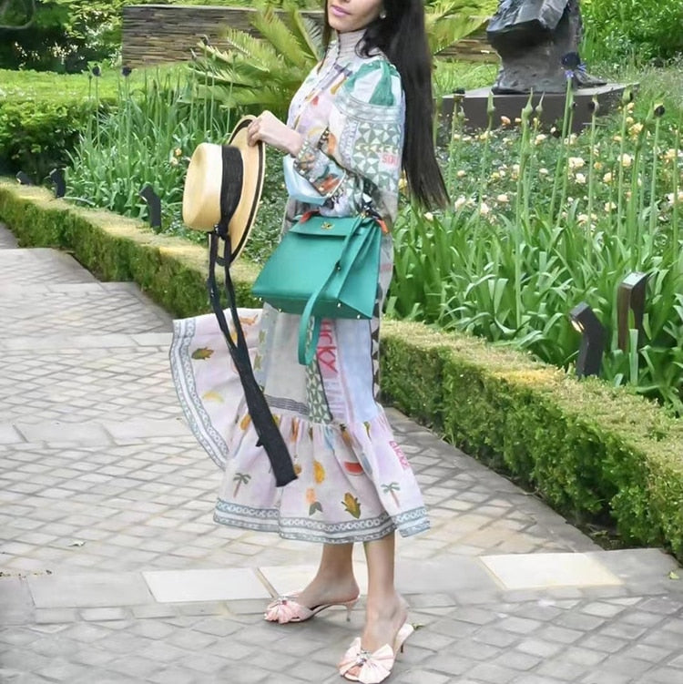 Spring Cotton Dress 2022 Runway Fashion Lantern Flower Printed