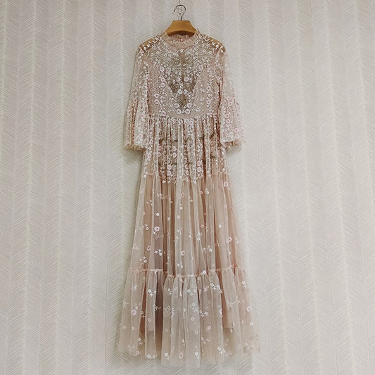 Luxury Beading Sequined Mesh Flower Embroidery Dresses