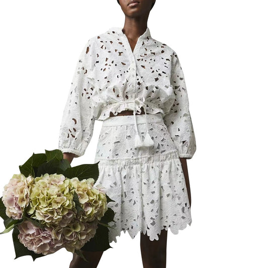 Sweet Plain Two Piece Sets For Women Loose Tops Cut Out Mini Skirts