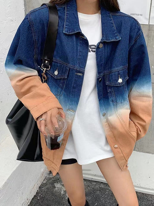Fashion Women Lapel Long Sleeve Straight Loose Denim Jackets
