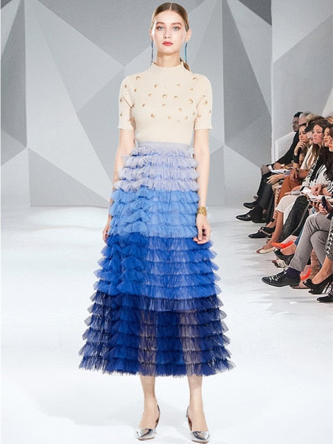 Runway Two Piece Set Women Pearls Mesh Long Skirts